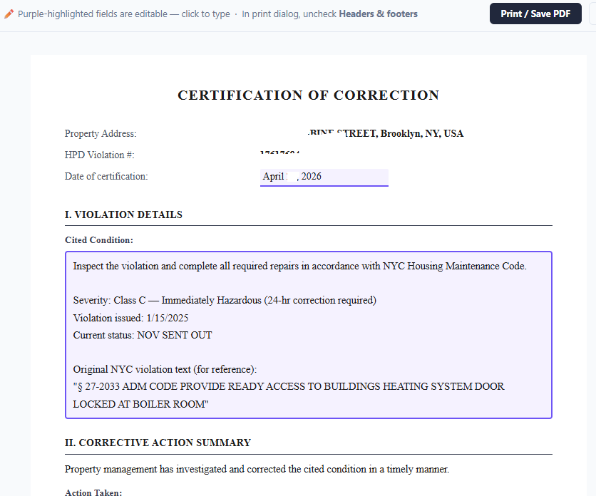 Certification of Correction report preview with editable purple fields and Print / Save PDF button